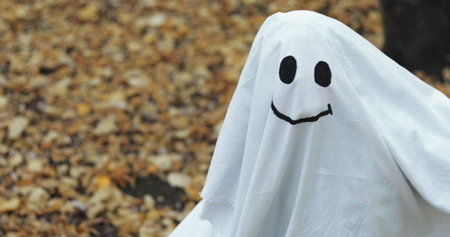 Little girl in a costume ghost . Halloween celebration holiday. Funny smiling grimaceの写真素材