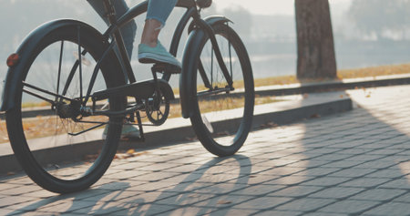 Beautiful summertime mood shot of young woman or girl riding bicycle through promenade, in stylish outift, pedalling next to trees in sun lightの写真素材