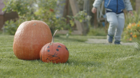 Portrait of little boy with pumpkin for Halloweenの写真素材