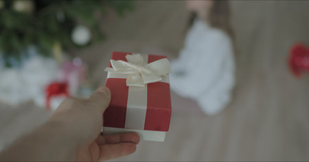 mans hand holding Christmas present