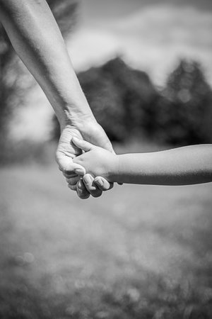 Parent and a child goes hand in hand, with a bokeh background of natureの写真素材