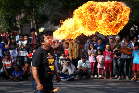 Street art performance in kota tua, jakarta, indonesiaのeditorial素材