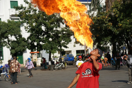 Street art performance in kota tua, jakarta, indonesiaのeditorial素材