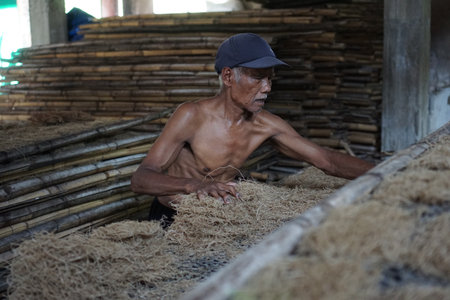Yogyakarta, Indonesia. April, 23 2018. Traditional noodle factory workers in Yogyakarta, Indonesia.のeditorial素材