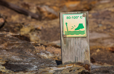 Warning sign at geothermal area in Iceland の写真素材