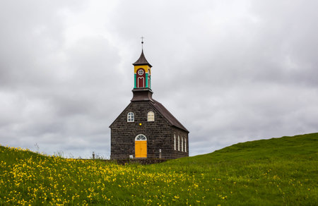 Stone-built church built in 1887 located on Hvalsnes, at Reykjanes peninsula, Icelandの写真素材