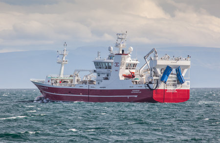 Iceland - August 10, 2014   Offshore commercial pelagic fishing vessel Sigurdur VE-15 in Icelandic waters のeditorial素材