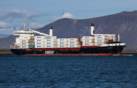 Reykjavik, Iceland - August 17, 2014   Lagarfoss, Eimskip new container ship arrives to Reykjavik harbour for the first time のeditorial素材