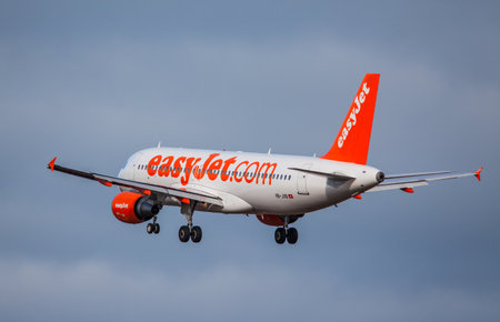 Iceland - March 23, 2015 : Easy Jet plane approaching KEF International Airport in Icelandのeditorial素材