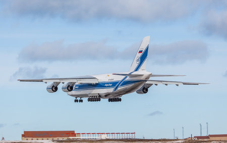 Keflavik, Iceland - March 30, 2015 - Antonov AH 124 100 cargo plane approaching KEF airport, Icelandのeditorial素材