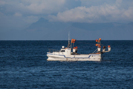 Iceland - August 12, 2017 : Commercial fishing boat 7040 EiÃ°ur Ã“F-13 at mackerel fishing in...