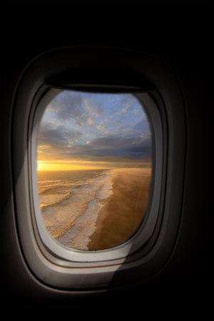 View from the window of the aircraft on the landscape of Iceland