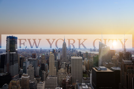 The skyline of New York with a colorful skyの写真素材