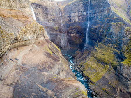 Panorama of the landscape of the Haifoss waterfall in Iceland. Nature and adventure concept background.の写真素材