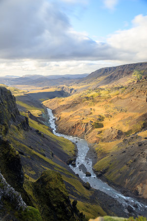 View of the landscape of the Haifoss waterfall in Iceland. Nature and adventure concept background.の写真素材