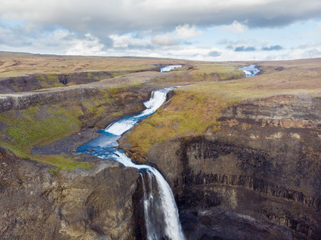 Panorama of the landscape of the Haifoss waterfall in Iceland. Nature and adventure concept background.の写真素材