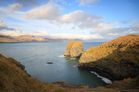 Gatklettur arch in Arnarstapi town in SnÃ¦fellsnes peninsula, West Iceland.