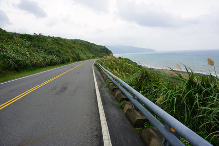 Empty road down the mountain on the ocean, long green grass on the sideの写真素材