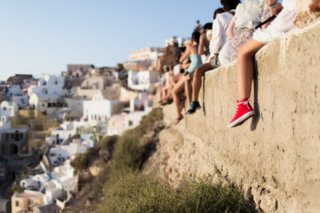 Santorini Island - red shoesの写真素材