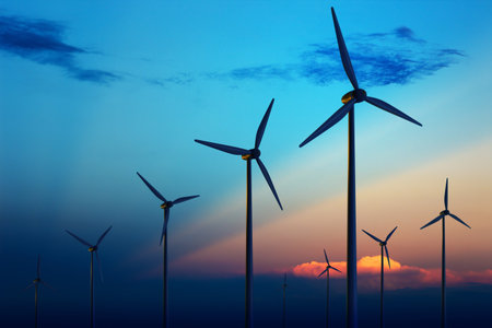 Wind turbine farm with rays of light at sunsetの写真素材