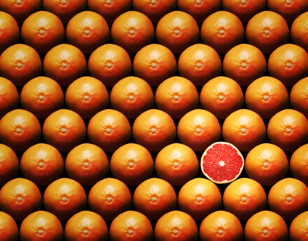Grapefruit slice amongst many whole grapefruitsの写真素材