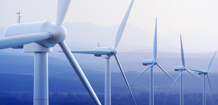 Wind turbine farm against distant mountains  3d graphic 