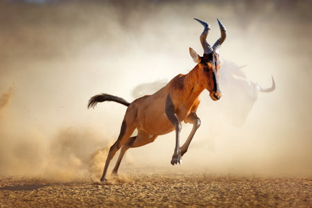 Red hartebeest running in dust - Alcelaphus caama -  Kalahari desert -  South Africaの写真素材
