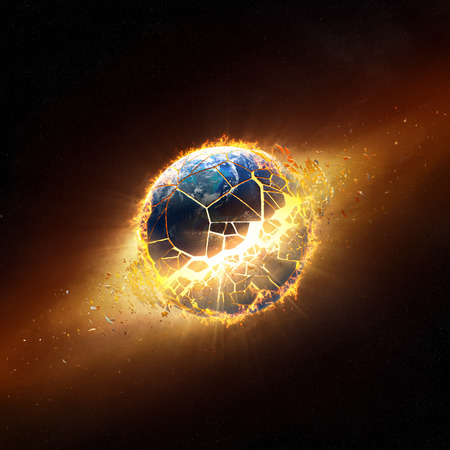 Planet earth explode with burning flames の写真素材