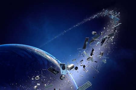 Space junk orbiting around earth - Conceptual of pollution around our planet (Texture map for 3d furnished by NASA -  http://visibleearth.nasa.gov/)の写真素材