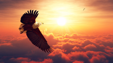 African Fish Eagle flying high above the clouds with sunrise Digital artworkの写真素材