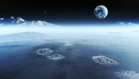 Conceptual artwork of mankind exploring space and alien planets. Footprints are the evidence left behind with the view of earth in distant spaceの写真素材