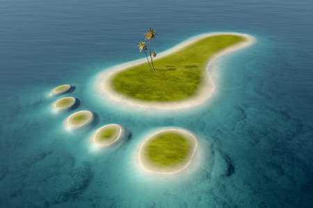 Green islands with white beaches  in the shape of a footprint surrounded by tropical blue ocean water. Conceptual 3D of  go green and the after effects on the environmentの写真素材