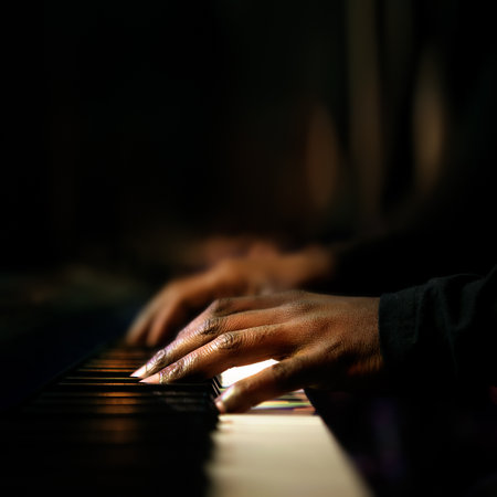 Hands of pianist playing synthesizer close-upの写真素材