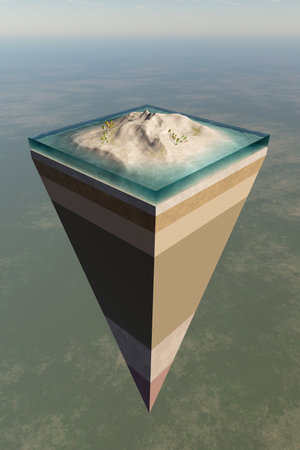 Earth core structure illustrated with a layered cross-section shown high in the sky. 3D rendered artworkの写真素材