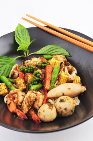 Hot and Spicy noodle with fishball and Herb  Thai styleの写真素材