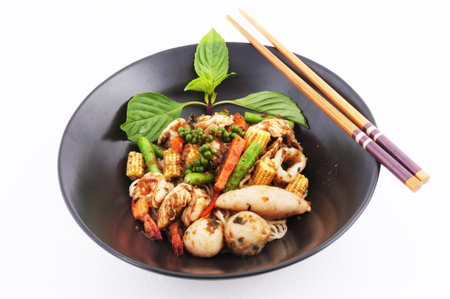 Hot and Spicy noodle with fishball and Herb  Thai styleの写真素材