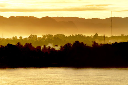 Sunrise at Mekong River,Thailandの写真素材