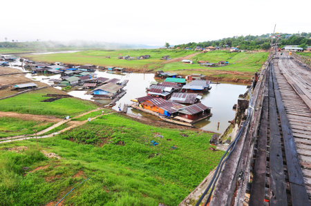 Longest wooden bridge in Thailand, at Sangkhlaburiのeditorial素材