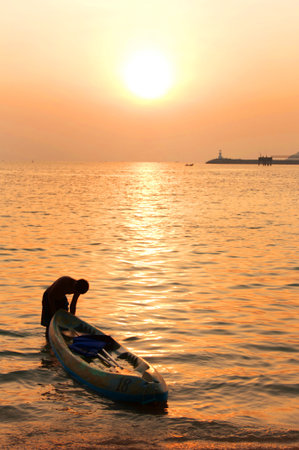 Thailand fisher boat at sunset の写真素材