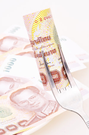 High price of food concept  Eating money for dinnerの写真素材