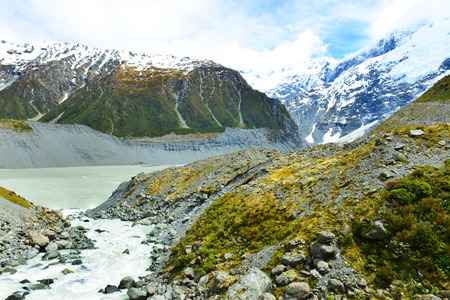 Glacial stream between rocks and gravel in Hooker Valley from Aoraki, Mount Cook, highest peak of...