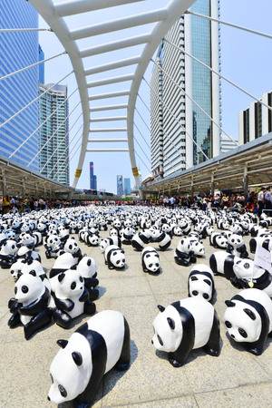 Bangkok, Thailand - March 8, 2016: 1600 paper Mache Pandas campaign showcase in Bangkok by WWF to promote environmental preservation.のeditorial素材