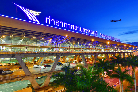 BANGKOK-JUNE 2: Suvarnabhumi Airport at night on June 2, 2016 in Bangkok ,Thailand. This airport is the world's third largest single building airport terminal designed by Helmut Jahn.のeditorial素材