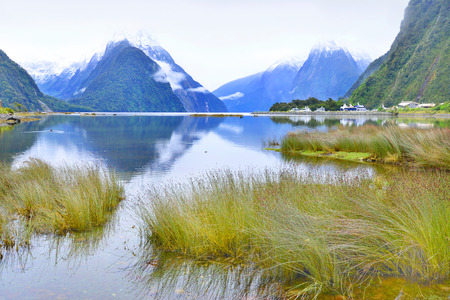 landscape of high mountain glacier at milford sound, New Zealandの写真素材