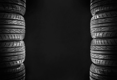 Car tires isolated on black backgroundの写真素材