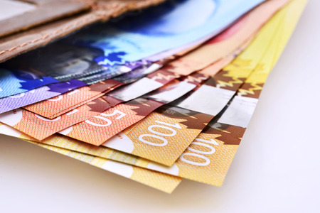 Canadian Dollars in a open leather valletの写真素材