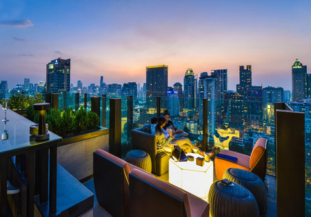BANGKOK - THAILAND February 12, 2018: Twilight time from 26 Rooftop Bar at Hotel Indigo Bangkok Wireless Road Bangkok, overlooking a magnificent cityscapeのeditorial素材