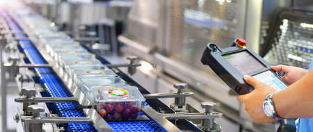 Food products boxs transfer on Automated conveyor systems industrial automation for packageの写真素材