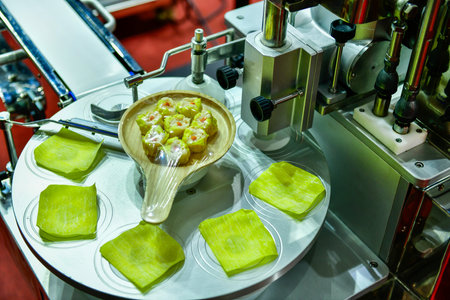 Automatic dumplings production line on conveyor belt equipment machinery in factory, industrial food...