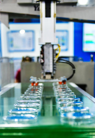 The operation of automatic plastic drinking glass lid production machineの写真素材